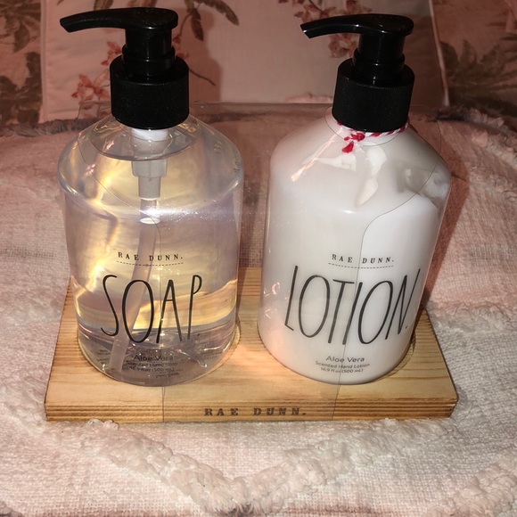 Rae Dunn Other - [Rae Dunn.] Aloe Vera Scented Hand Soap & Lotion Pack w/a Wooden Base Holder